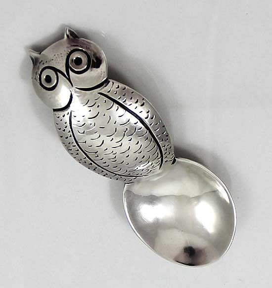 arts and crafts sterling owl shaped tea caddy spoon